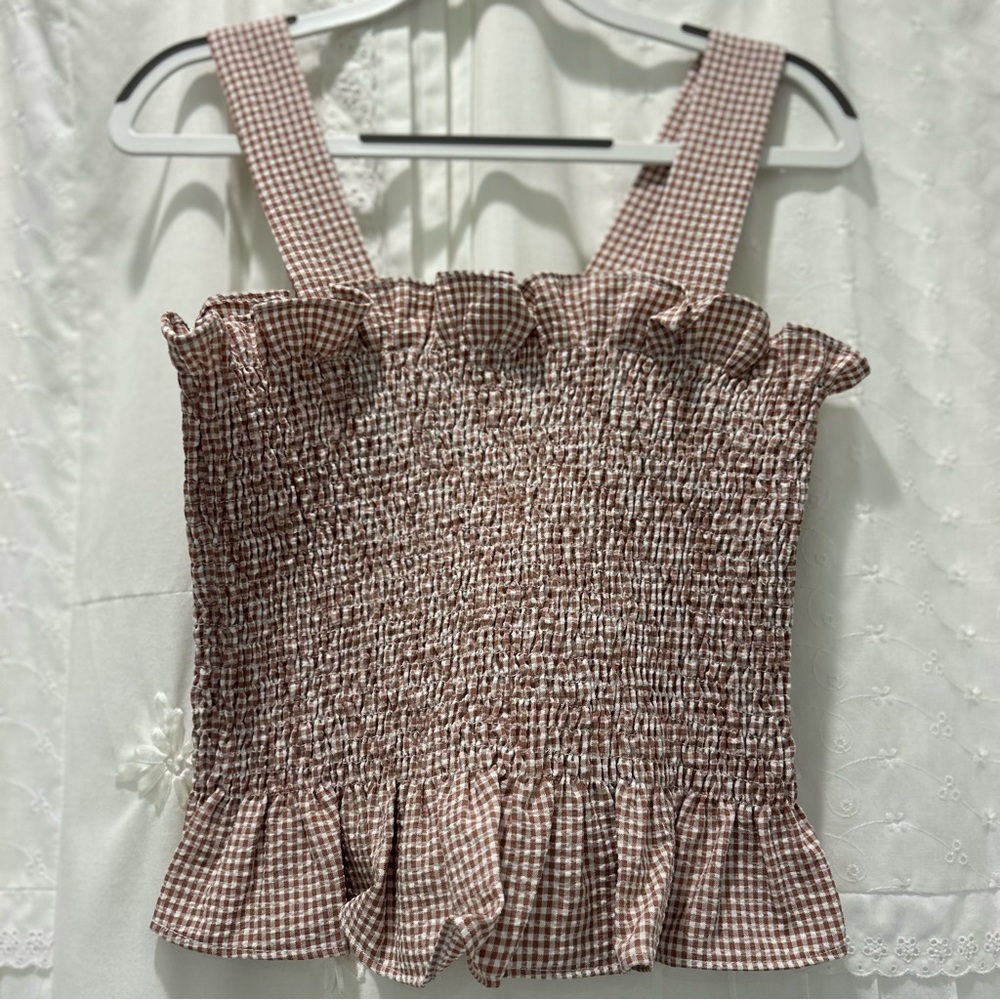 SAGE The Label Gingham Pink Ruffle Top